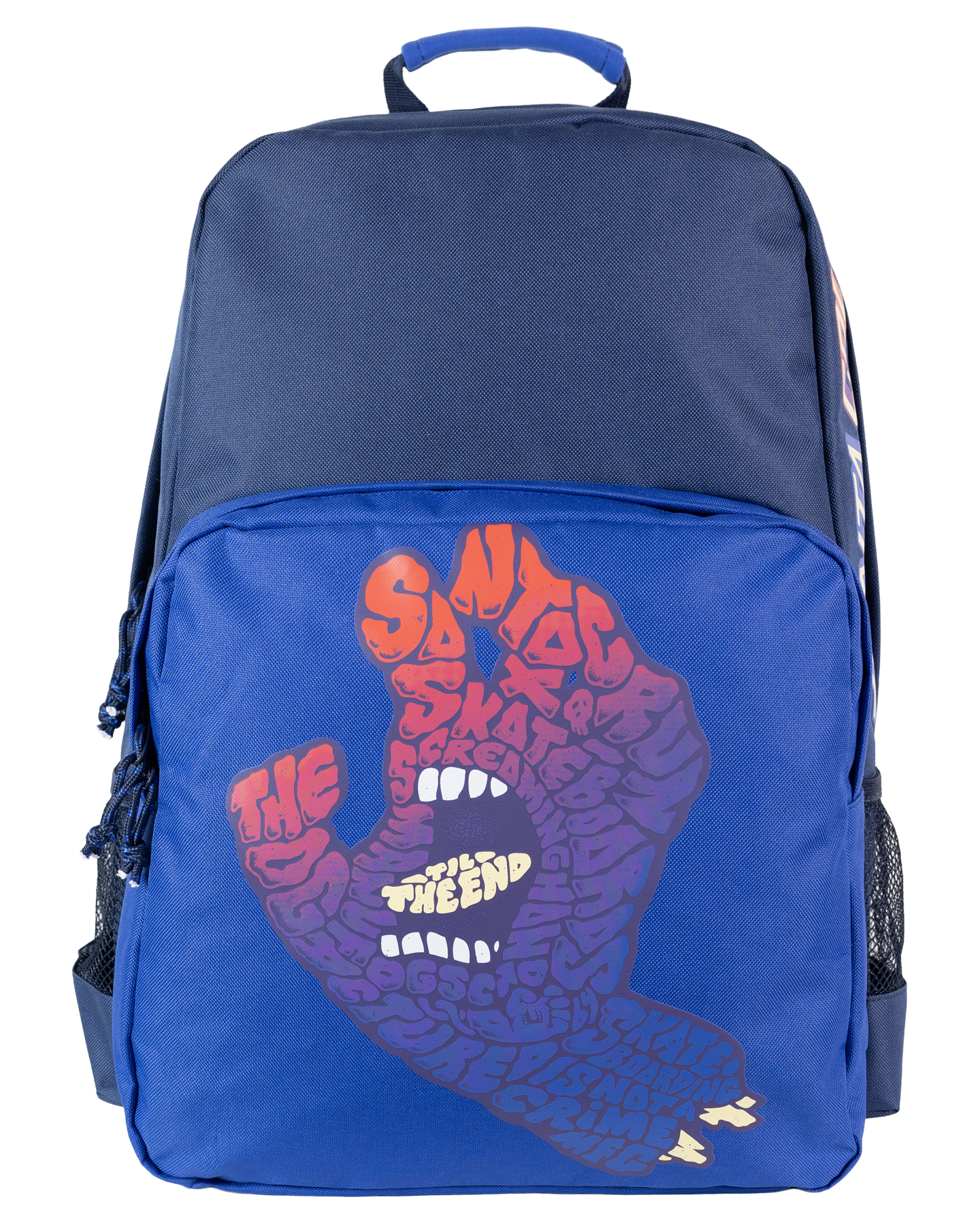 Santa Cruz Letter Fade Backpack in cobalt blue with screaming hand word graphics from front