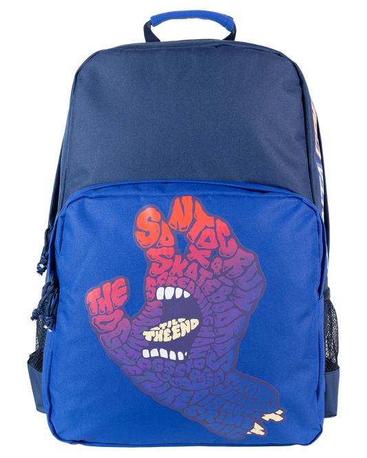Santa Cruz Letter Fade Backpack in cobalt blue with screaming hand word graphics from front