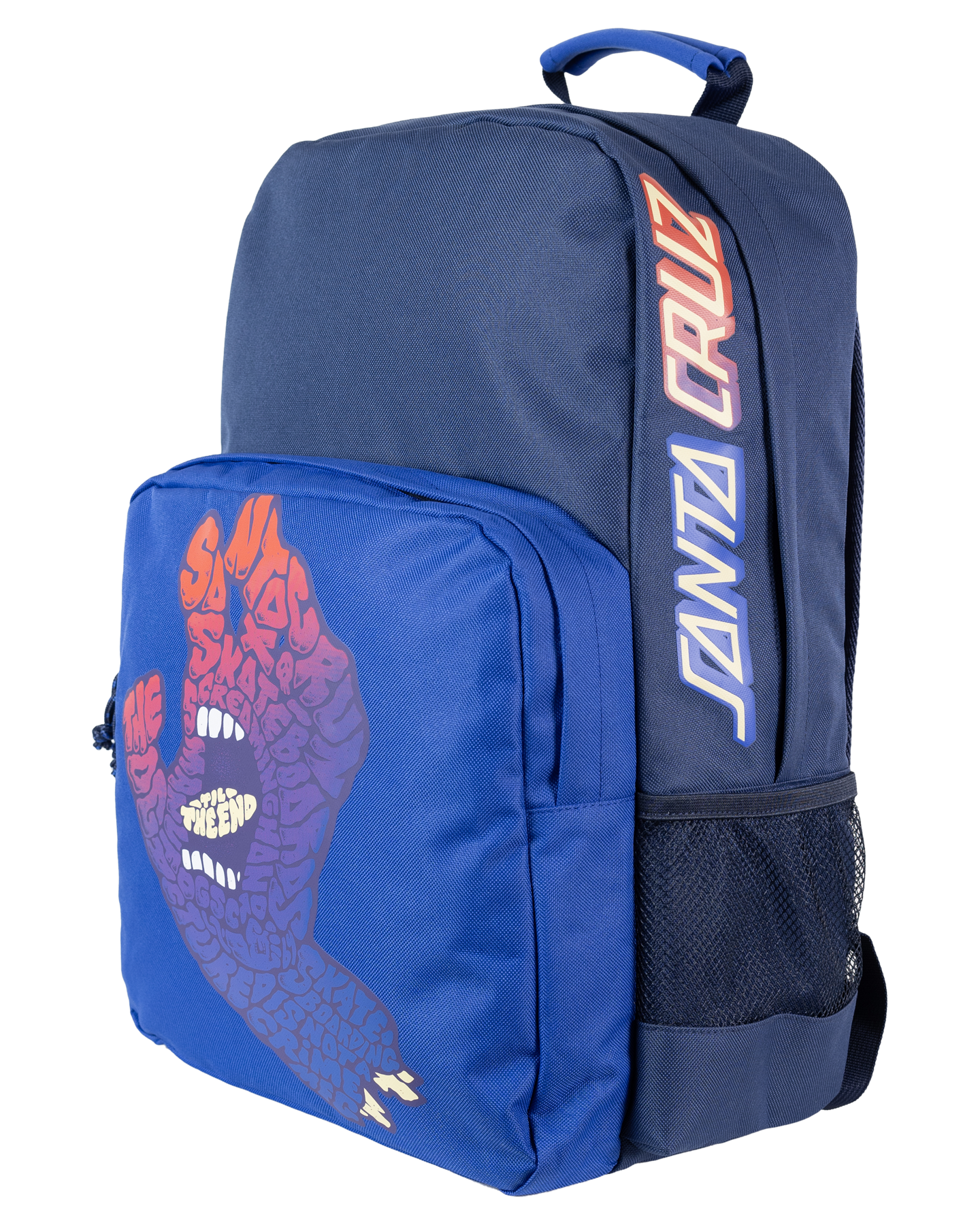 Santa Cruz Letter Fade Backpack in cobalt blue with screaming hand word graphics from side