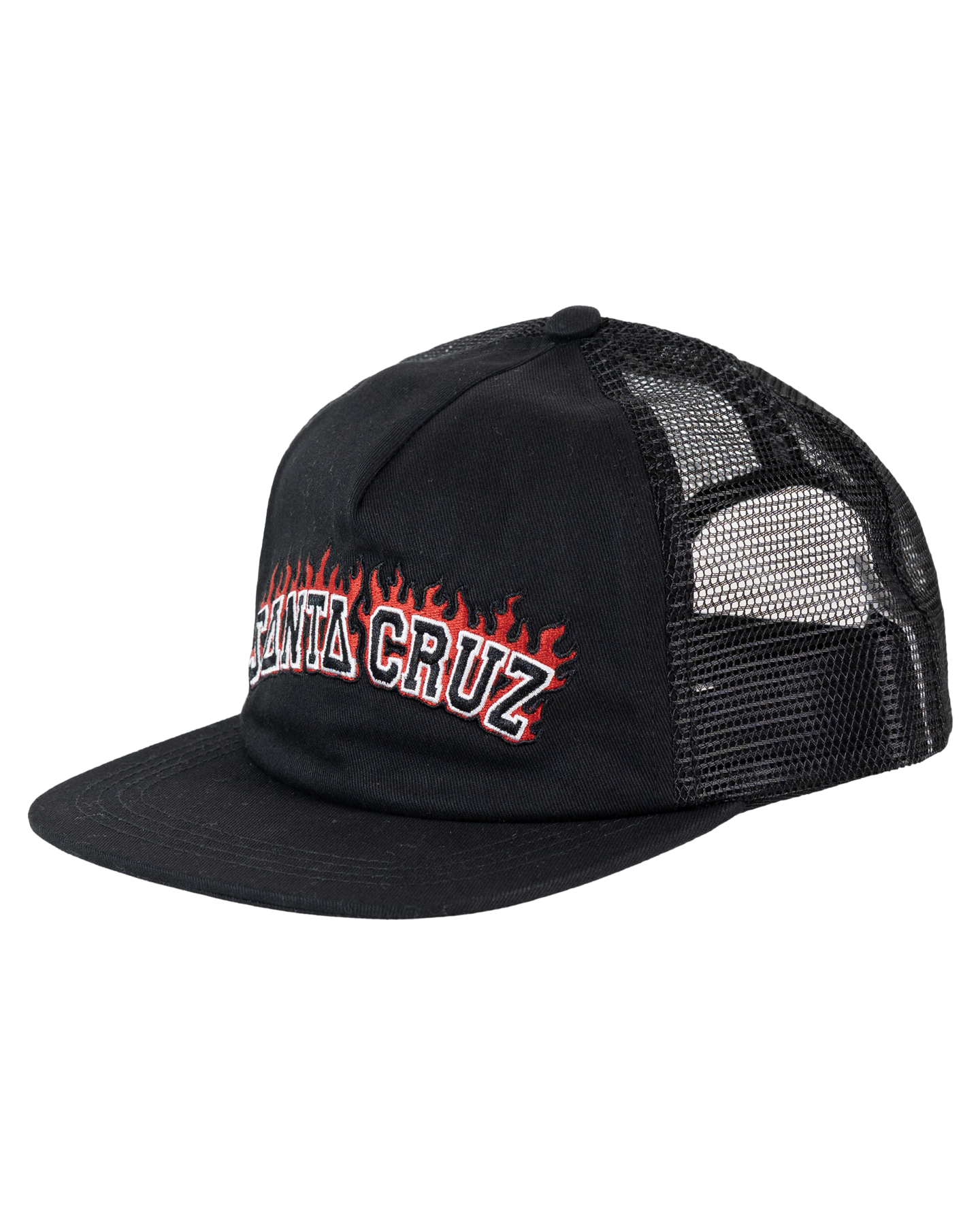 Santa Cruz Flamed Collegiate Arch Boys Trucker Cap in black showing front/side view