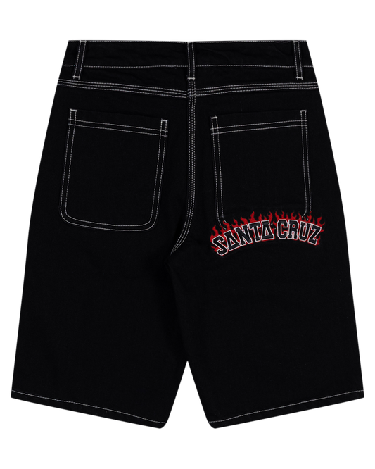 Santa Cruz Youth Flamed Collegiate Arch Denim Shorts in black from rear showing embroidered logos