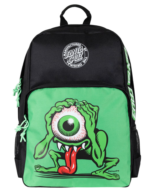 Black and green backpack with a cartoon monster design on a white background