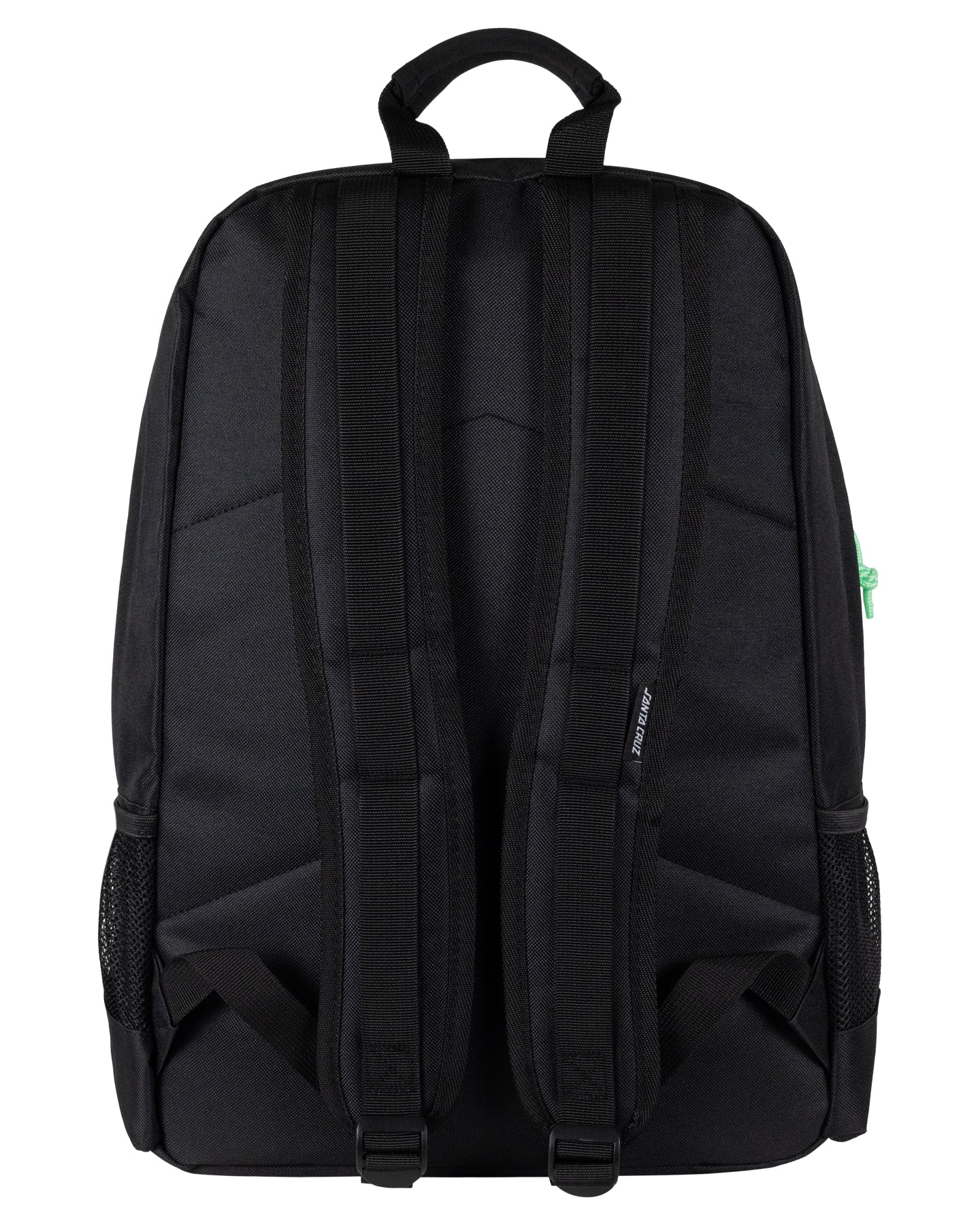 Black backpack shown from the back on a white background