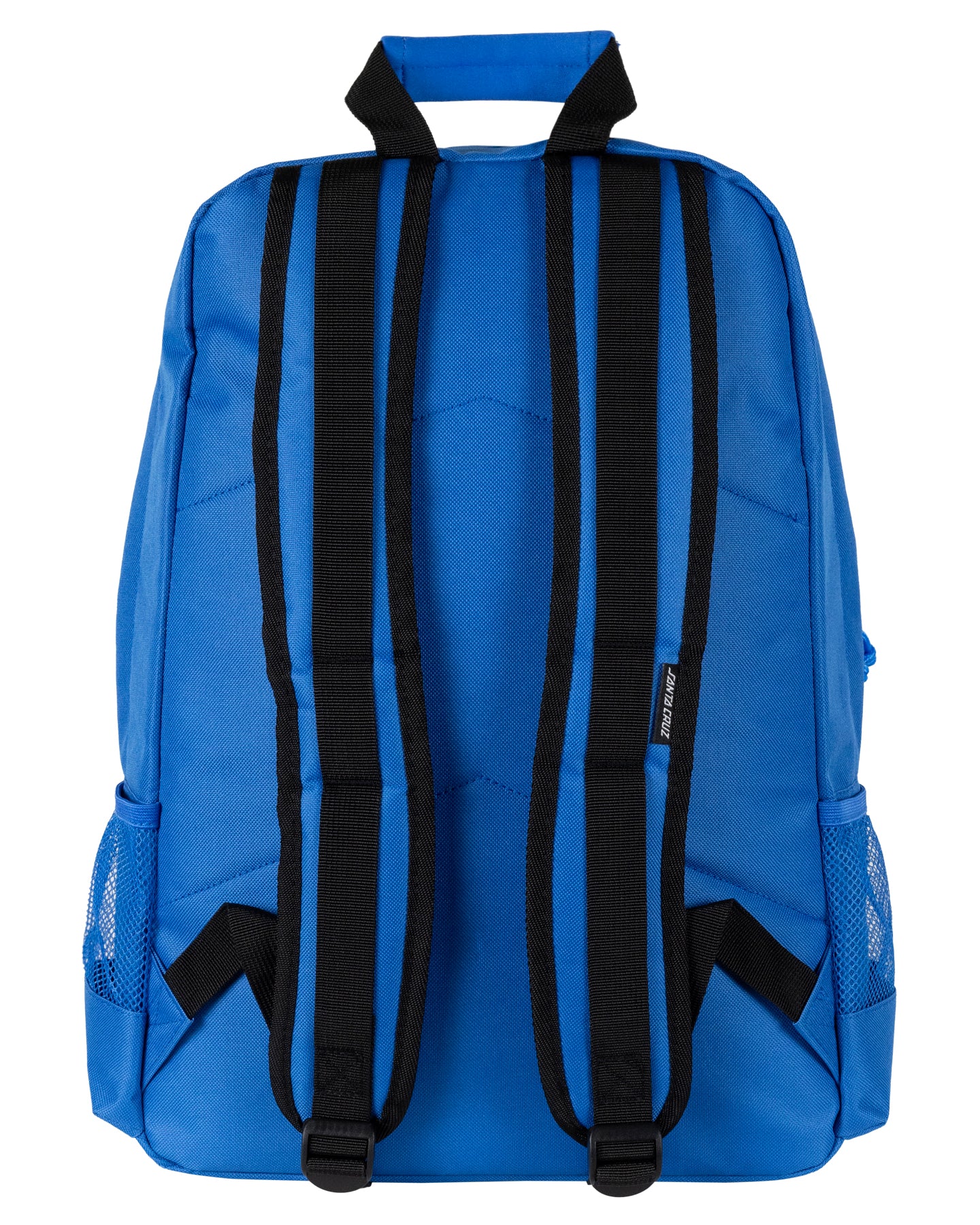 Blue backpack with black straps on a white background