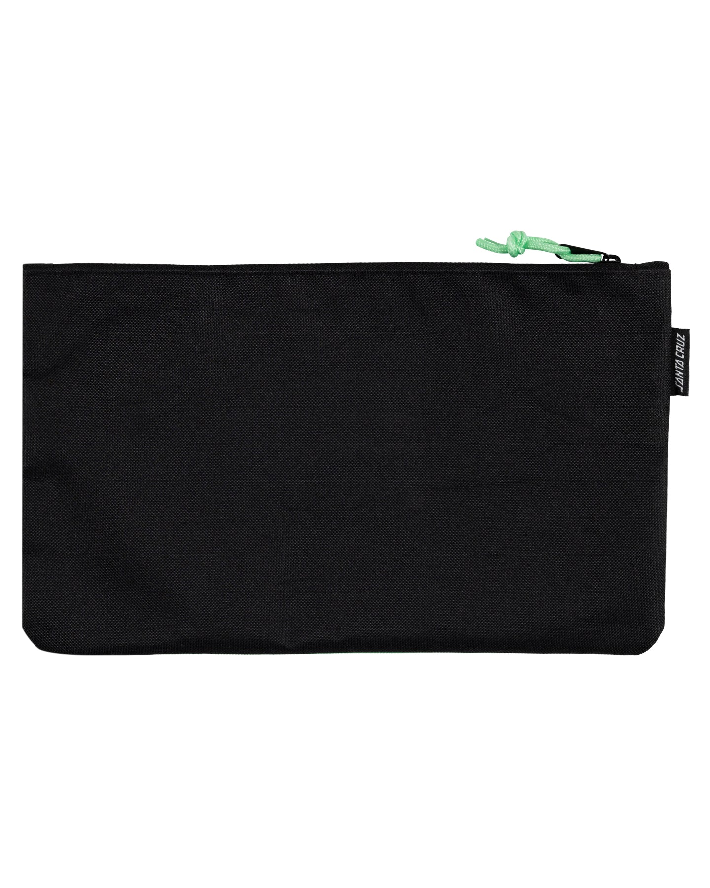 Black pouch with a green zipper on a white background