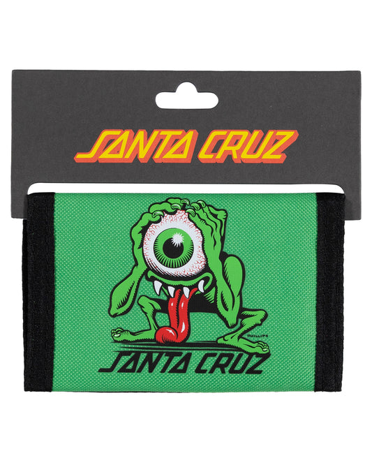 Green wallet with a cartoon character and 'Santa Cruz' branding on a black background