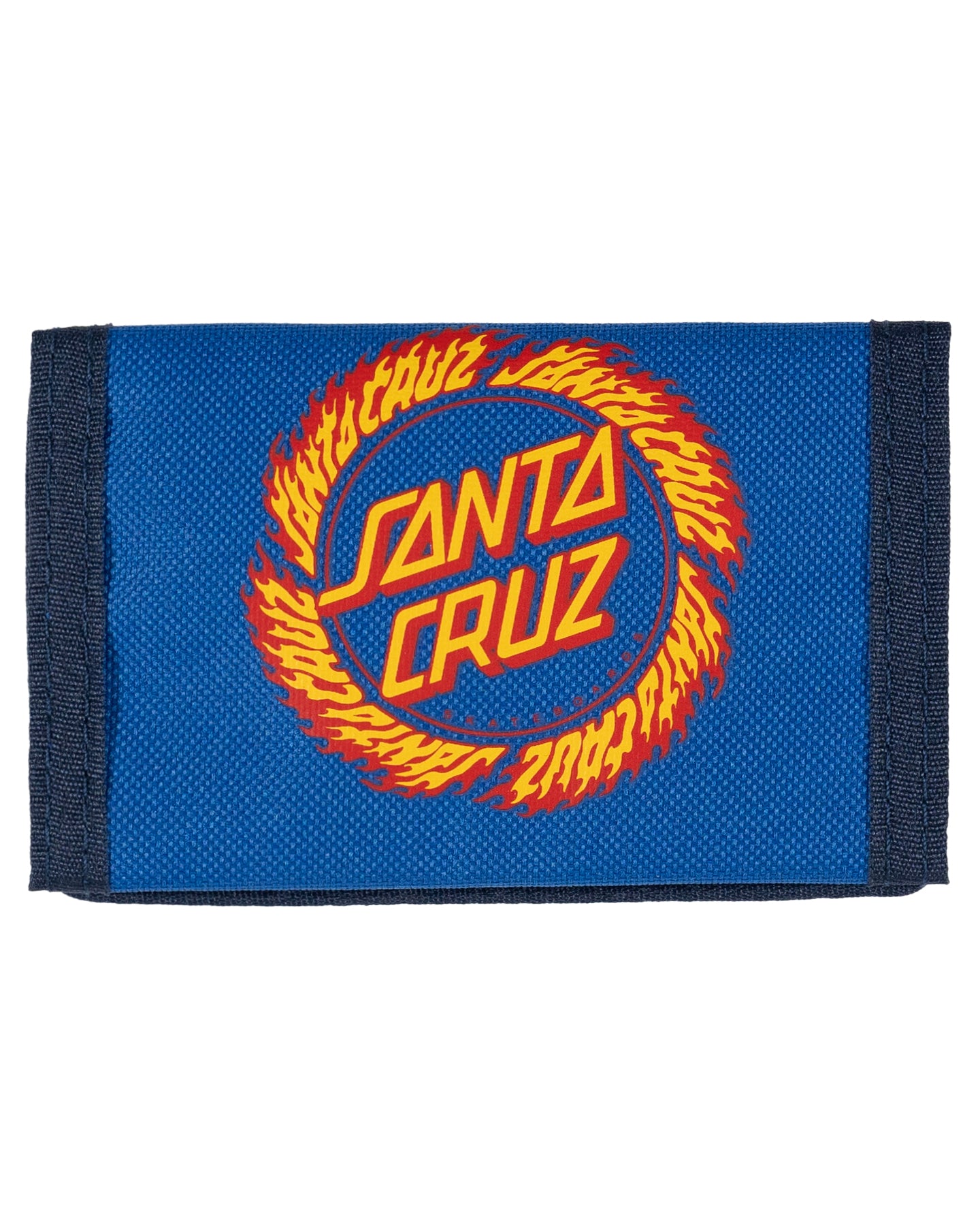 Blue wallet with red and yellow 'Santa Cruz' logo on a white background