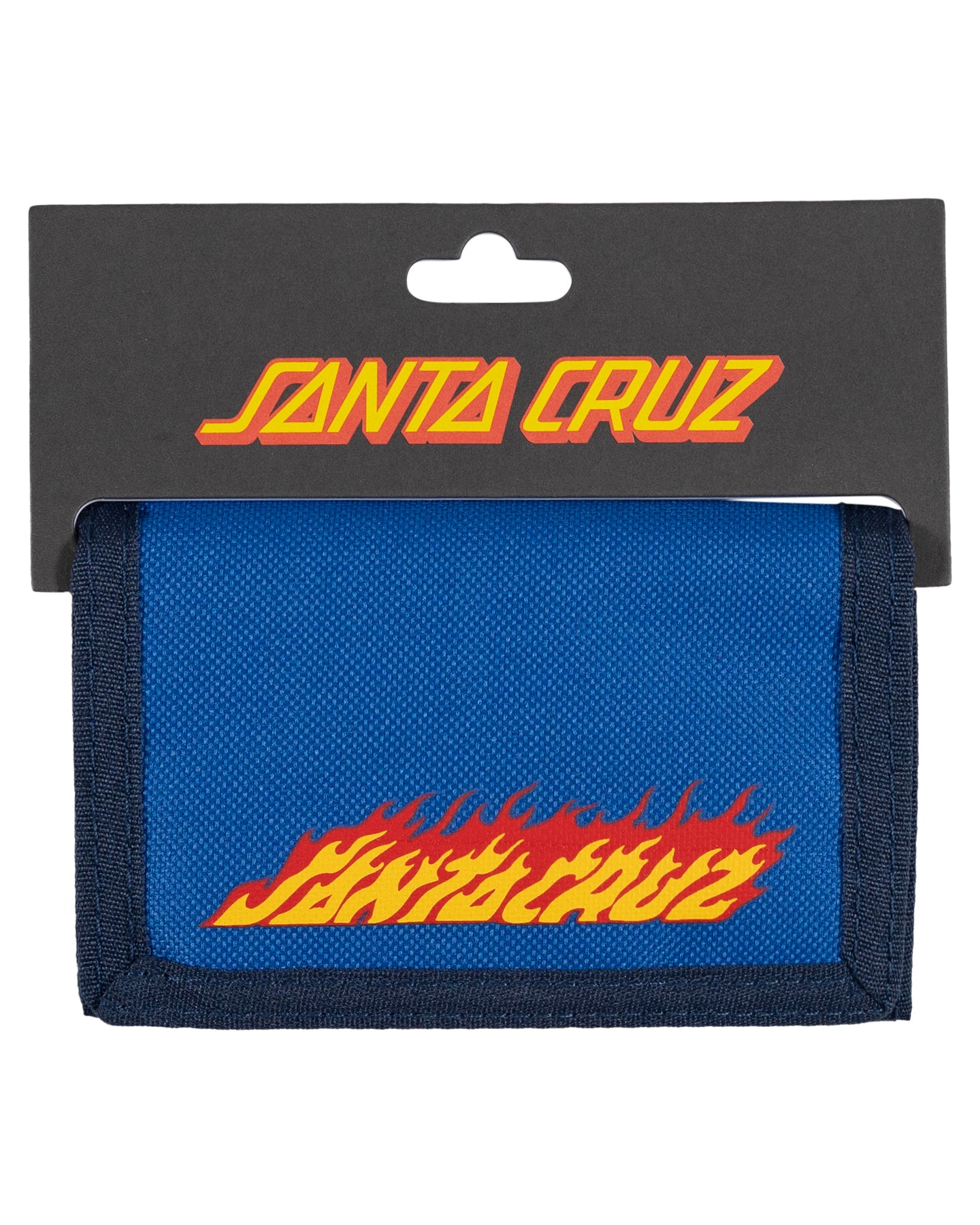 Blue wallet with red and yellow 'Santa Cruz' branding on a black background