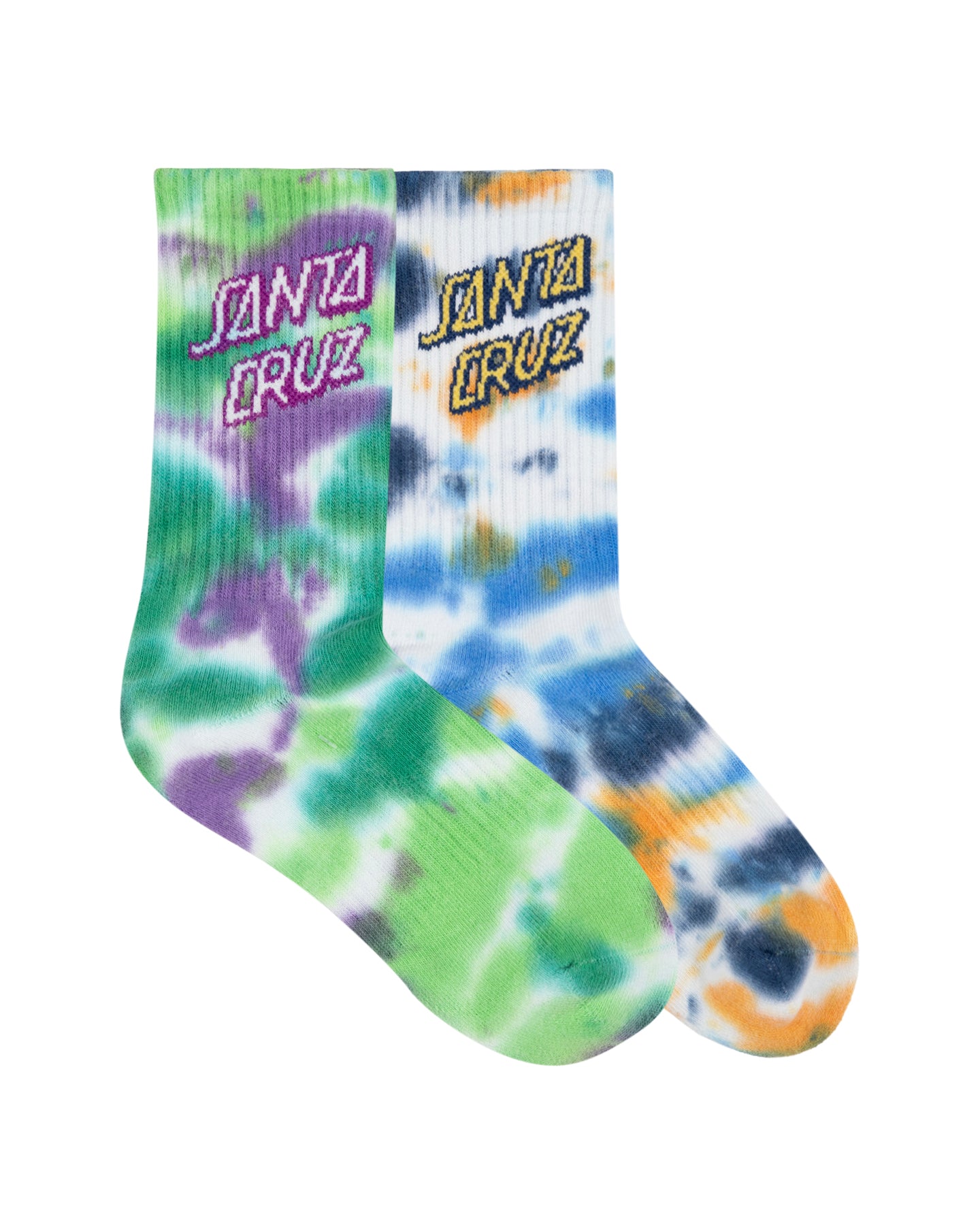 Tie-dye socks with Santa Cruz logo on a white background