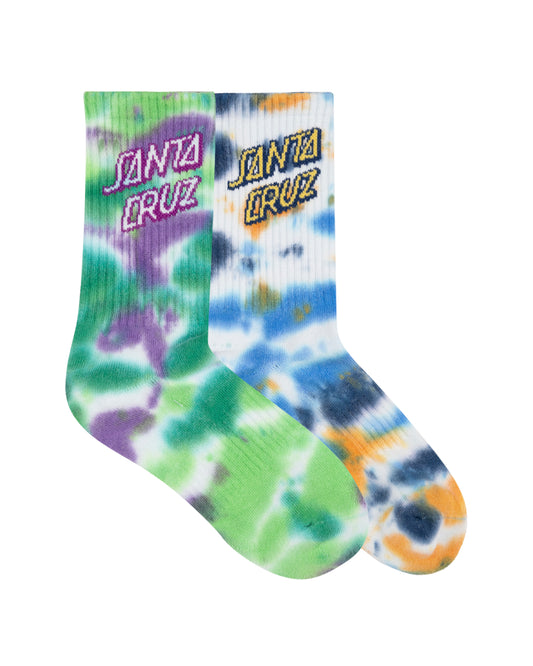 Tie-dye socks with Santa Cruz logo on a white background