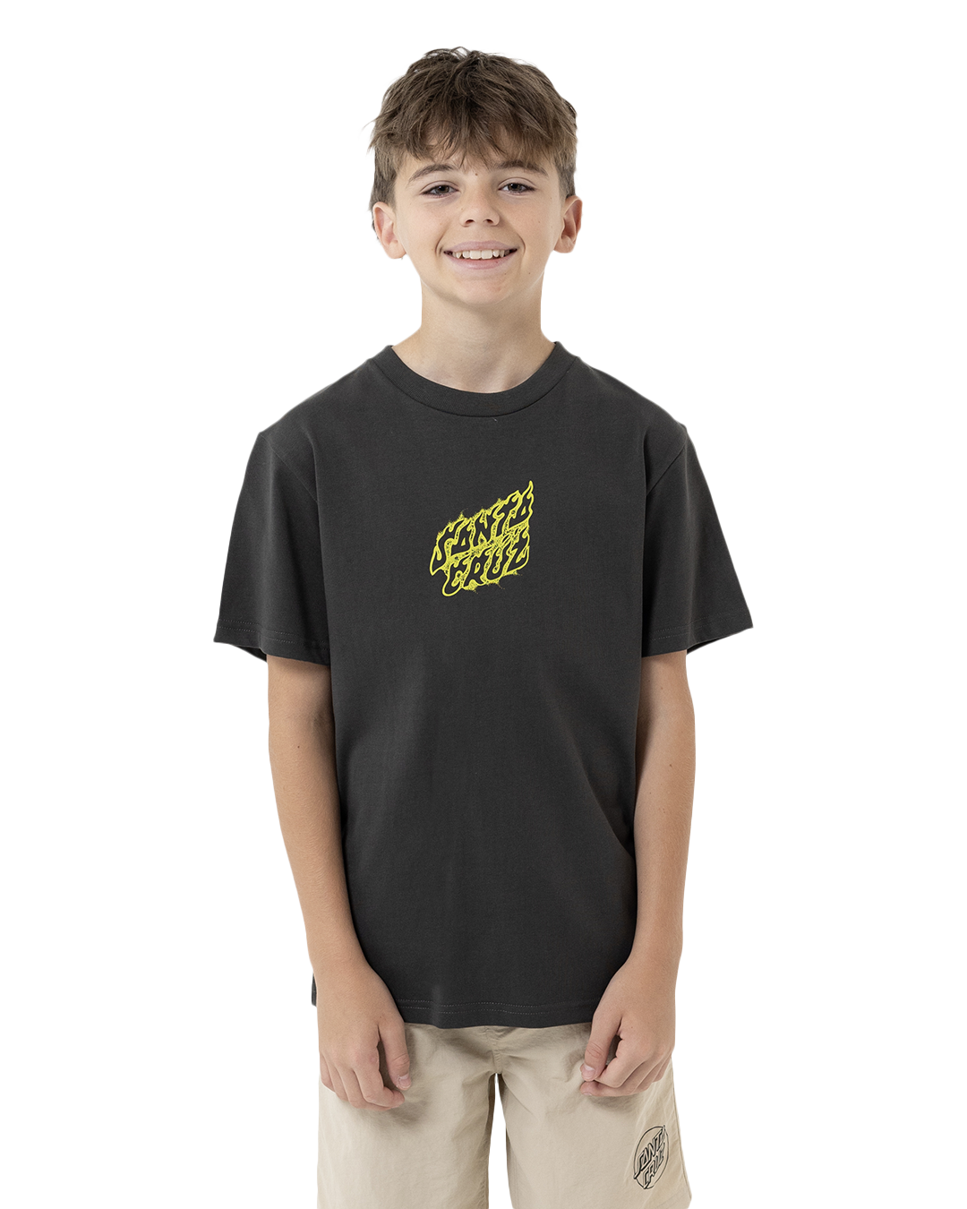 Child wearing a black t-shirt with a yellow logo on a white background