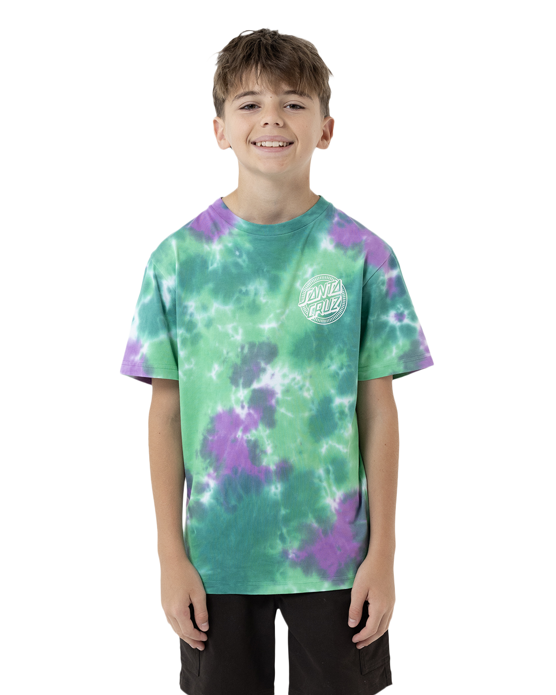 Child wearing a tie-dye t-shirt with a logo on a white background