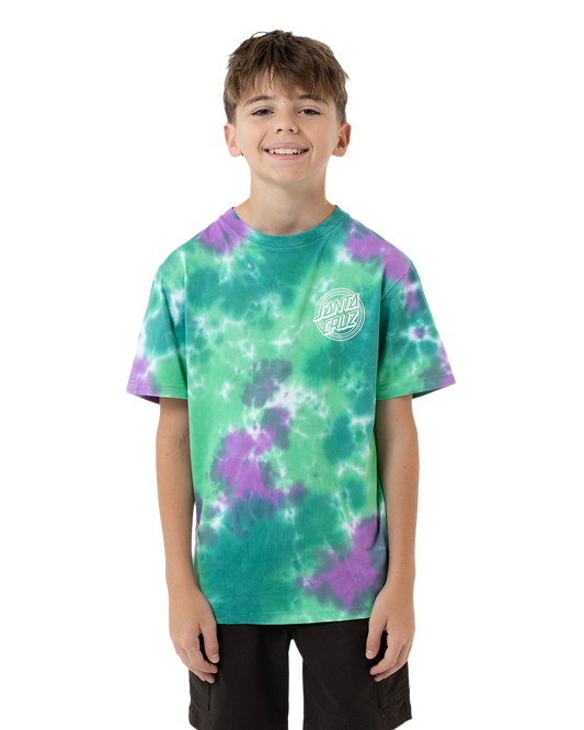 Child wearing a tie-dye t-shirt with a logo on a white background