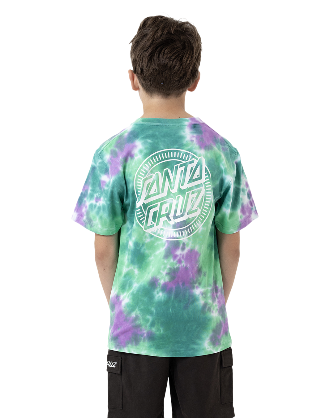 Person wearing a tie-dye t-shirt with a visible brand logo on the back.