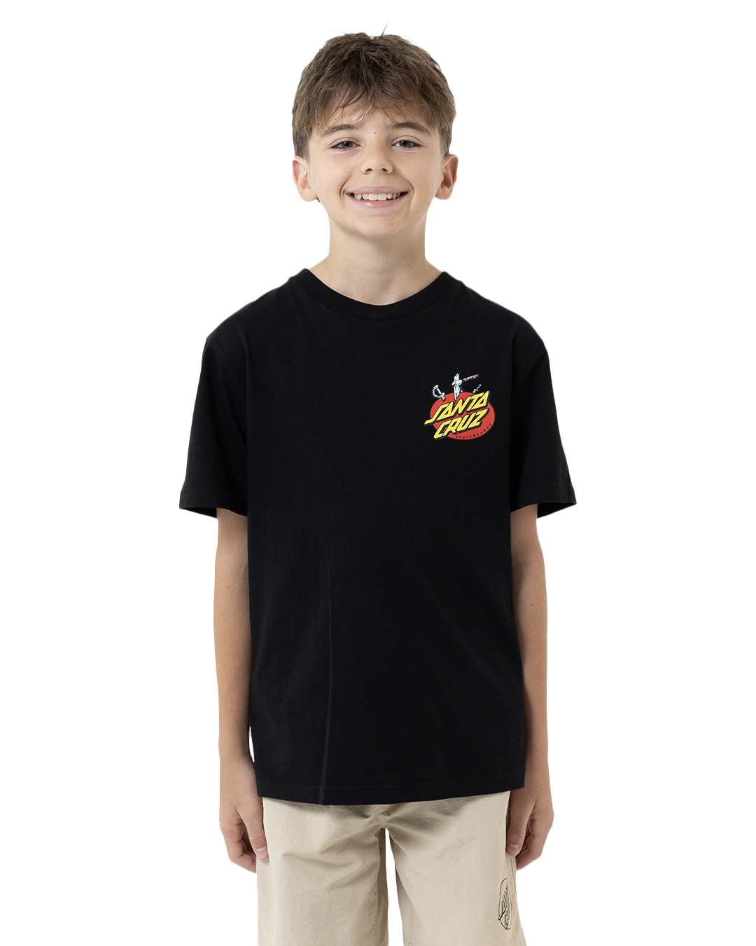 Child wearing a black t-shirt with a logo on a white background