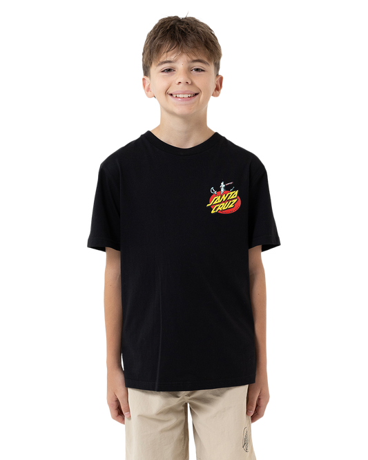 Child wearing a black t-shirt with a logo on a white background