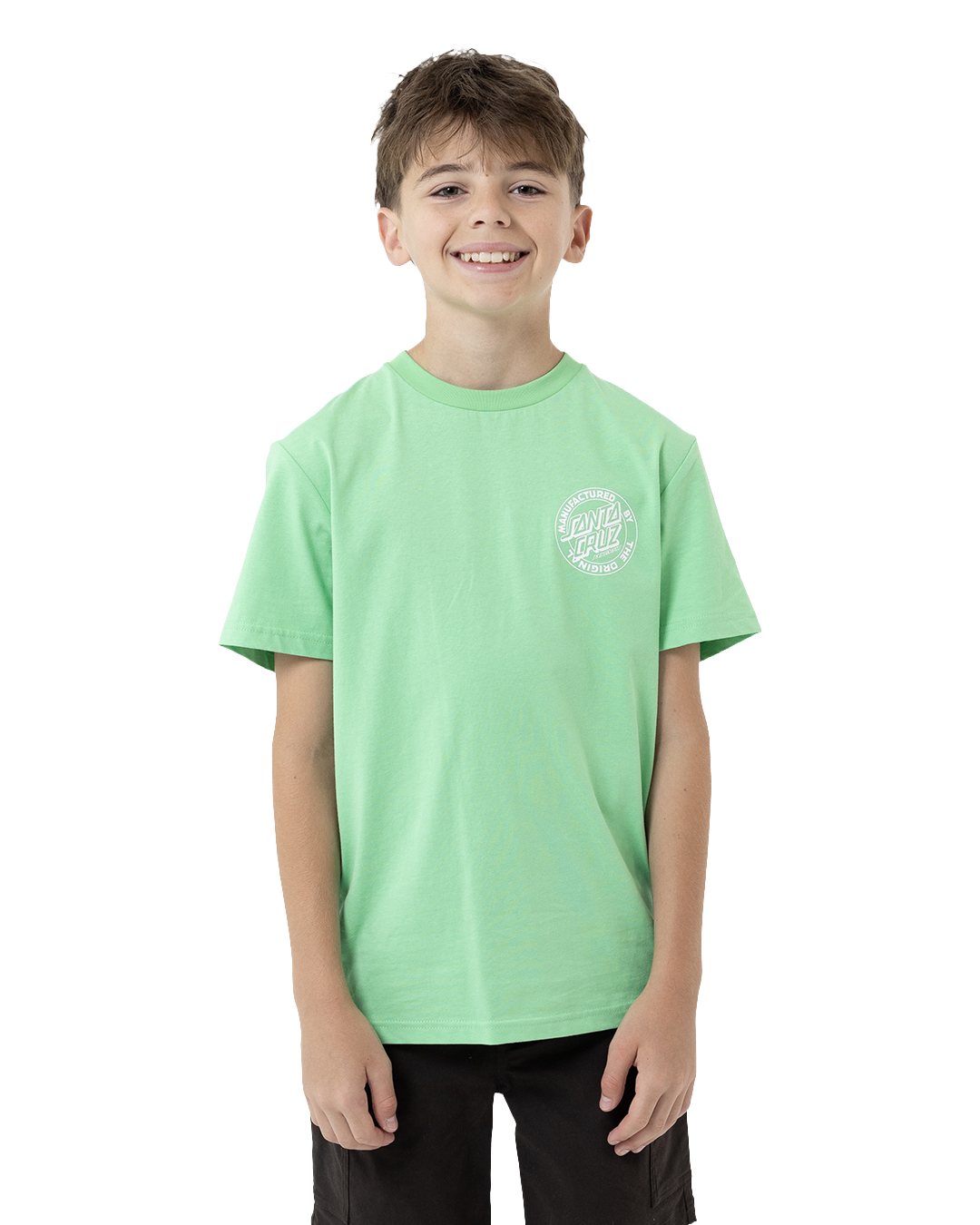 Child wearing a light green t-shirt with a logo on a white background
