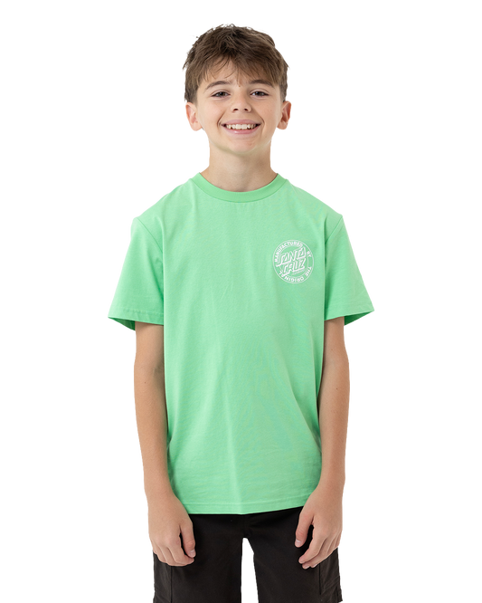 Child wearing a light green t-shirt with a logo on a white background