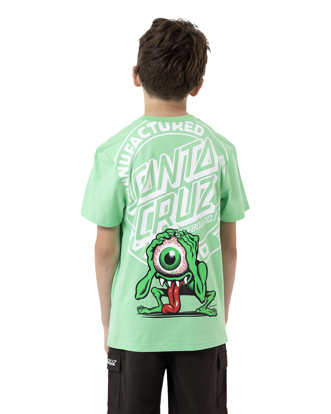 Person wearing a green t-shirt with a graphic design on the back, standing against a white background