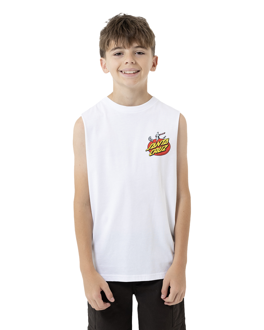 Child wearing a white sleeveless shirt with a logo on a white background