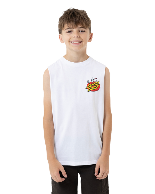 Child wearing a white sleeveless shirt with a logo on a white background