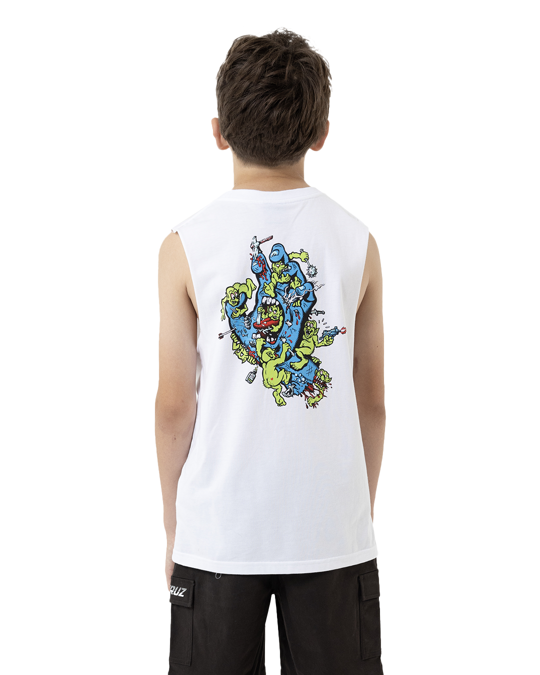 Person wearing a white sleeveless shirt with colorful graphic design on the back, standing against a white background.