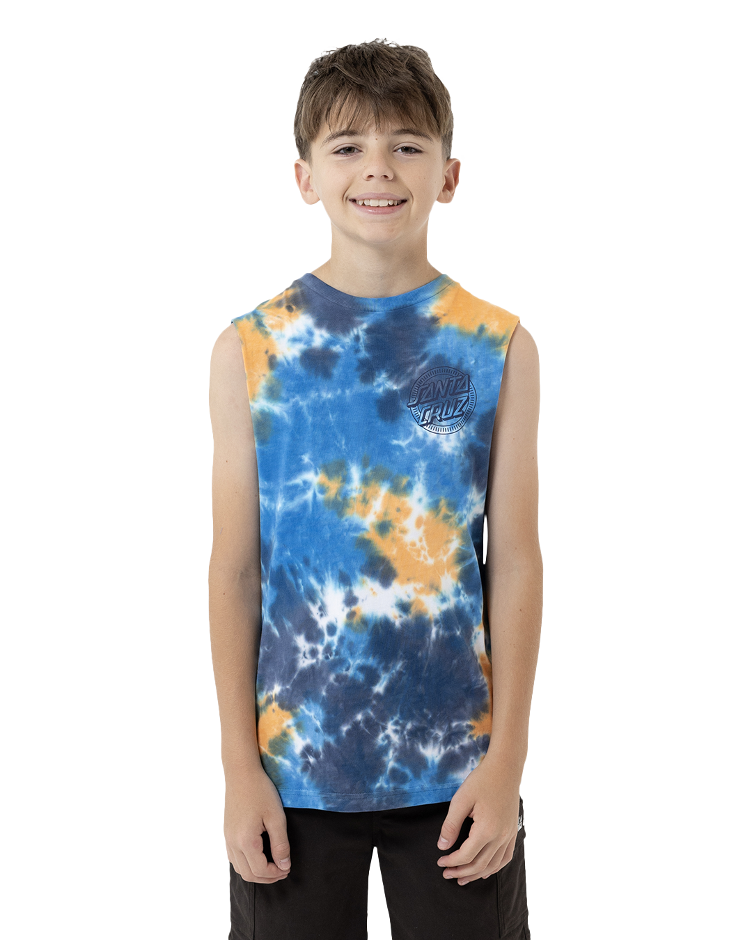 Child wearing a tie-dye sleeveless shirt with a visible brand logo on a white background