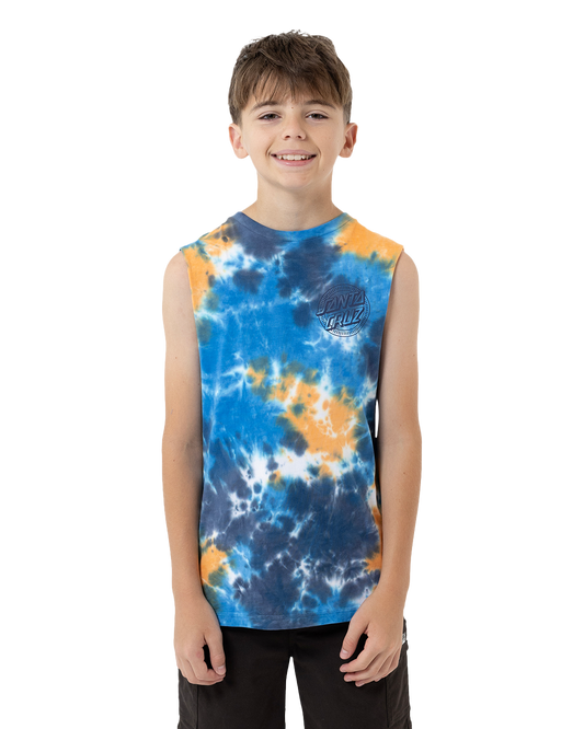 Child wearing a tie-dye sleeveless shirt with a visible brand logo on a white background