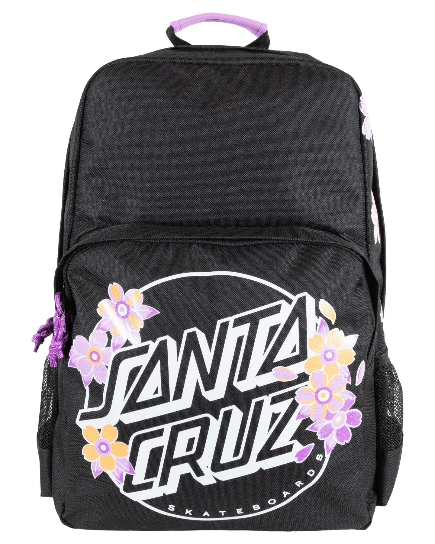 Santa Cruz Blooming Dot Stack Backpack in blakc ith floral design on santa cruz logo from front