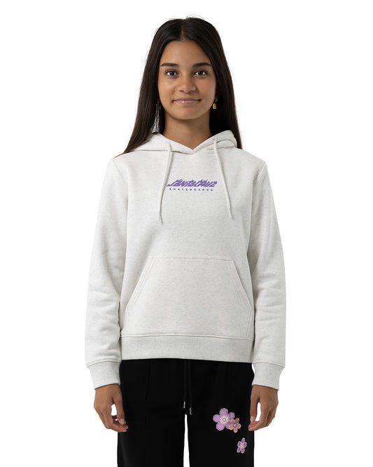 Santa Cruz Girls Fusion Flame Stack Strip Hoodie in white marle on girl from front