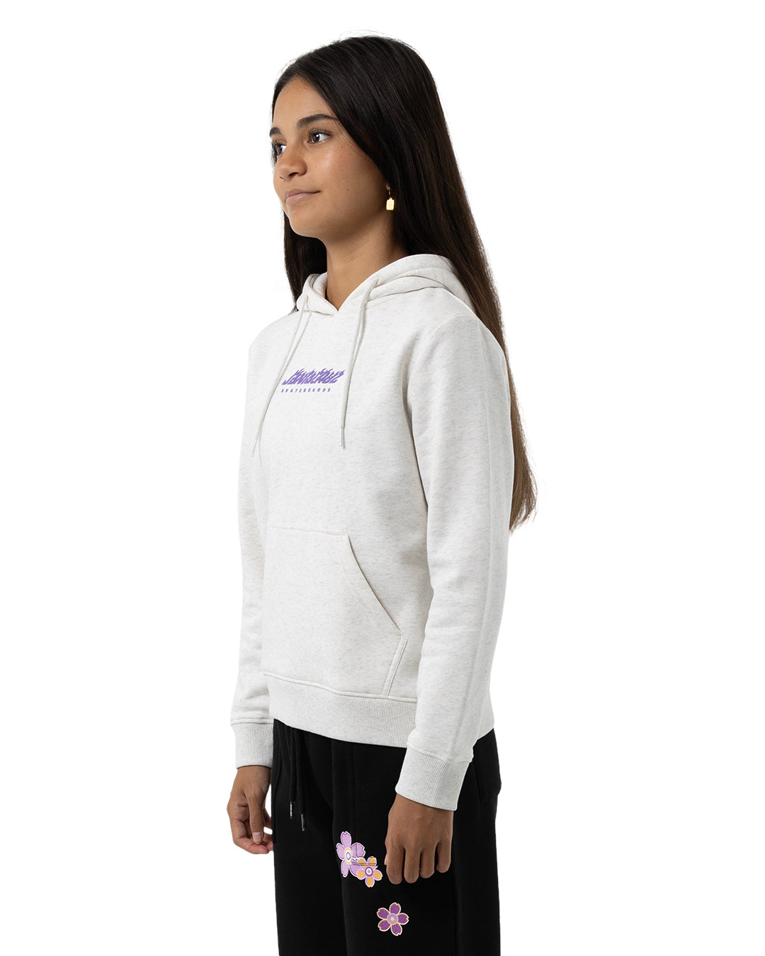Santa Cruz Girls Fusion Flame Stack Strip Hoodie in white marle on girl from side