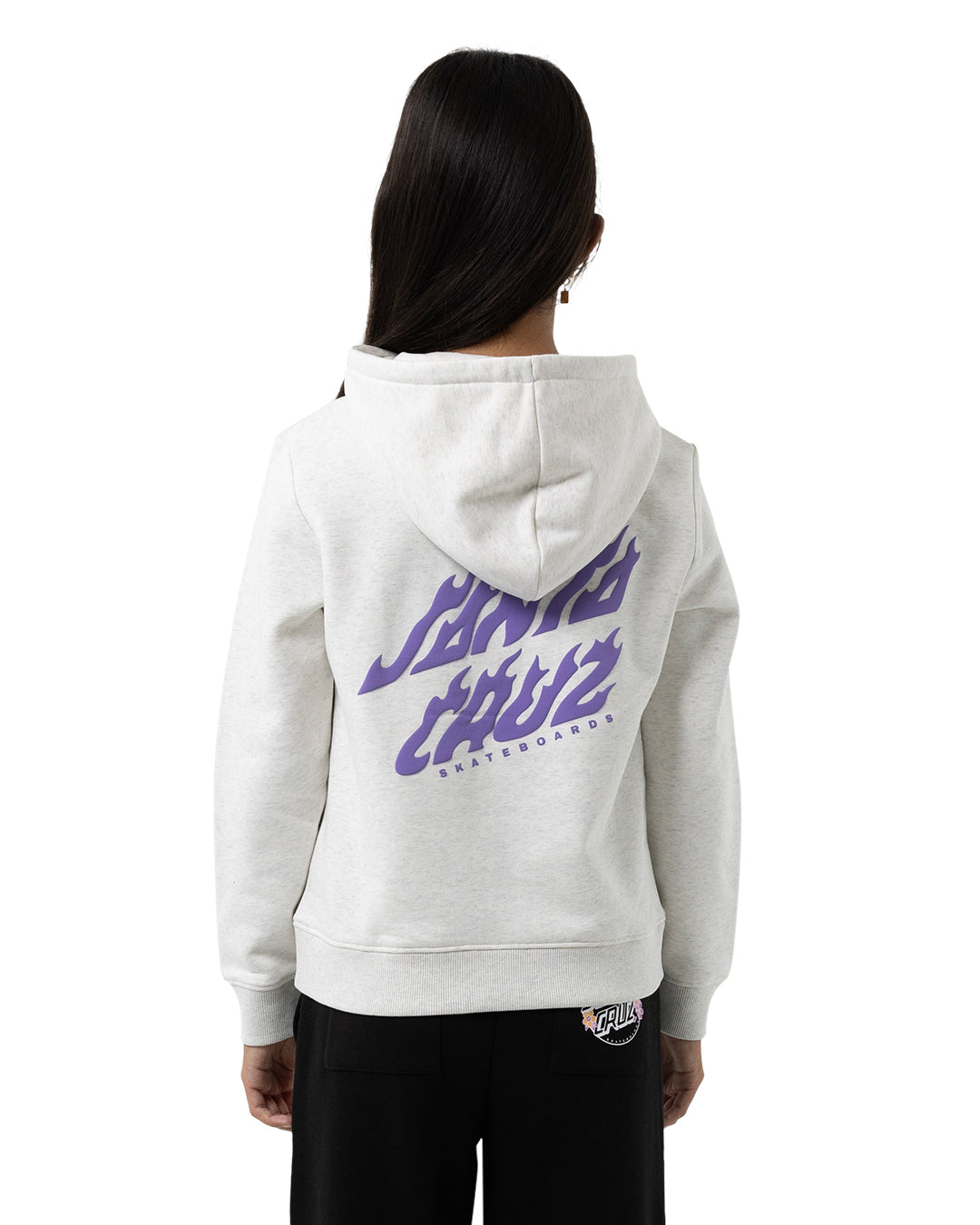 Santa Cruz Girls Fusion Flame Stack Strip Hoodie in white marle on girl from rear