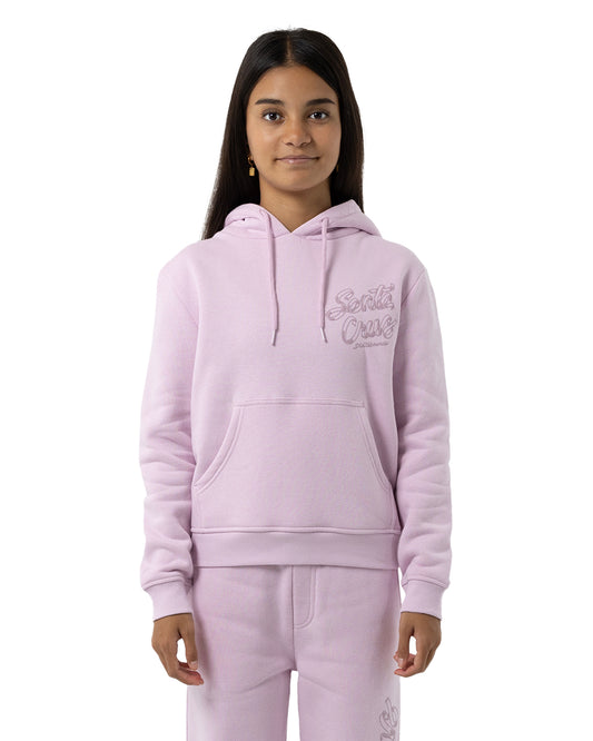 Santa Cruz OS Ribbon Script Chest Girls Hoodie in pink on model from front
