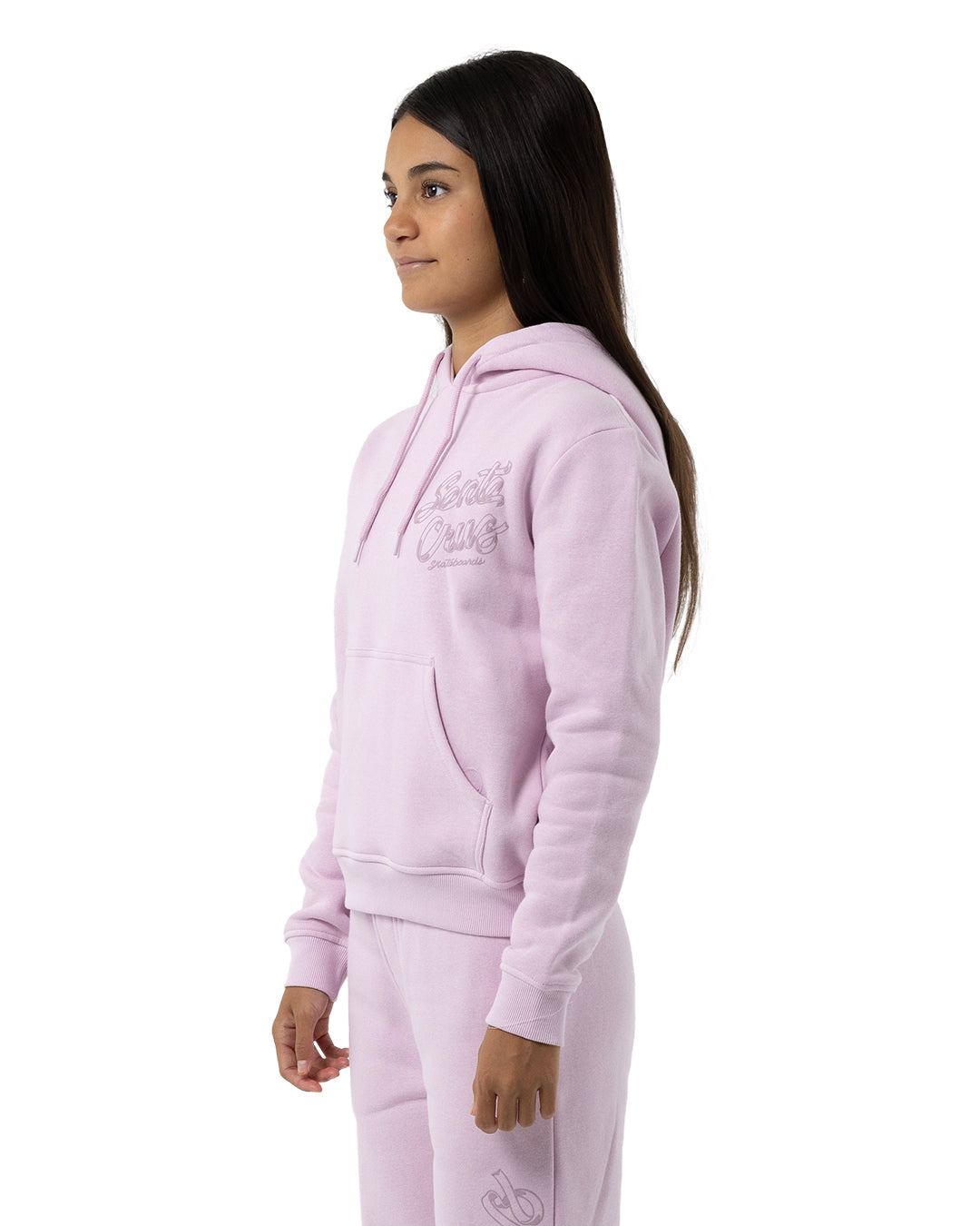 Santa Cruz OS Ribbon Script Chest Girls Hoodie in pink on model from side