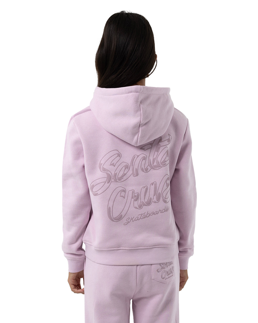 Santa Cruz OS Ribbon Script Chest Girls Hoodie in pink on model from rear