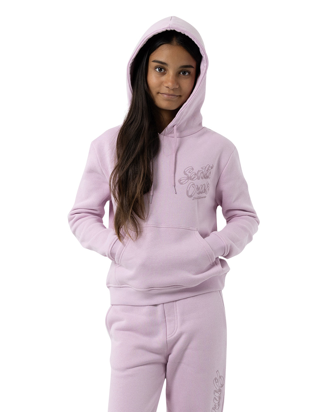 Santa Cruz OS Ribbon Script Chest Girls Hoodie in pink on model from front with hood up