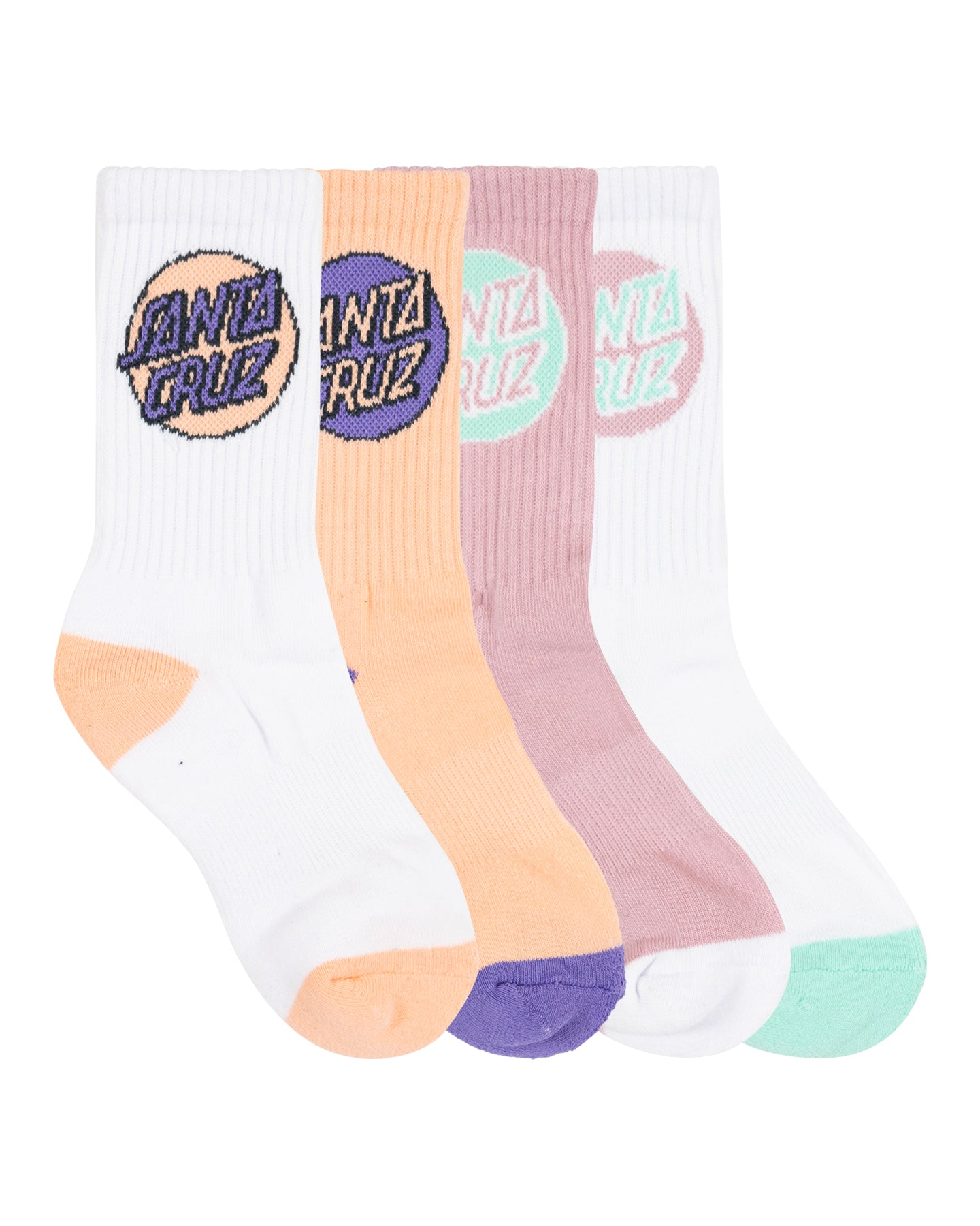 Santa Cruz Other Dot Girls Crew Socks (US 2-6) in white, pink and orange showing all 4 socks
