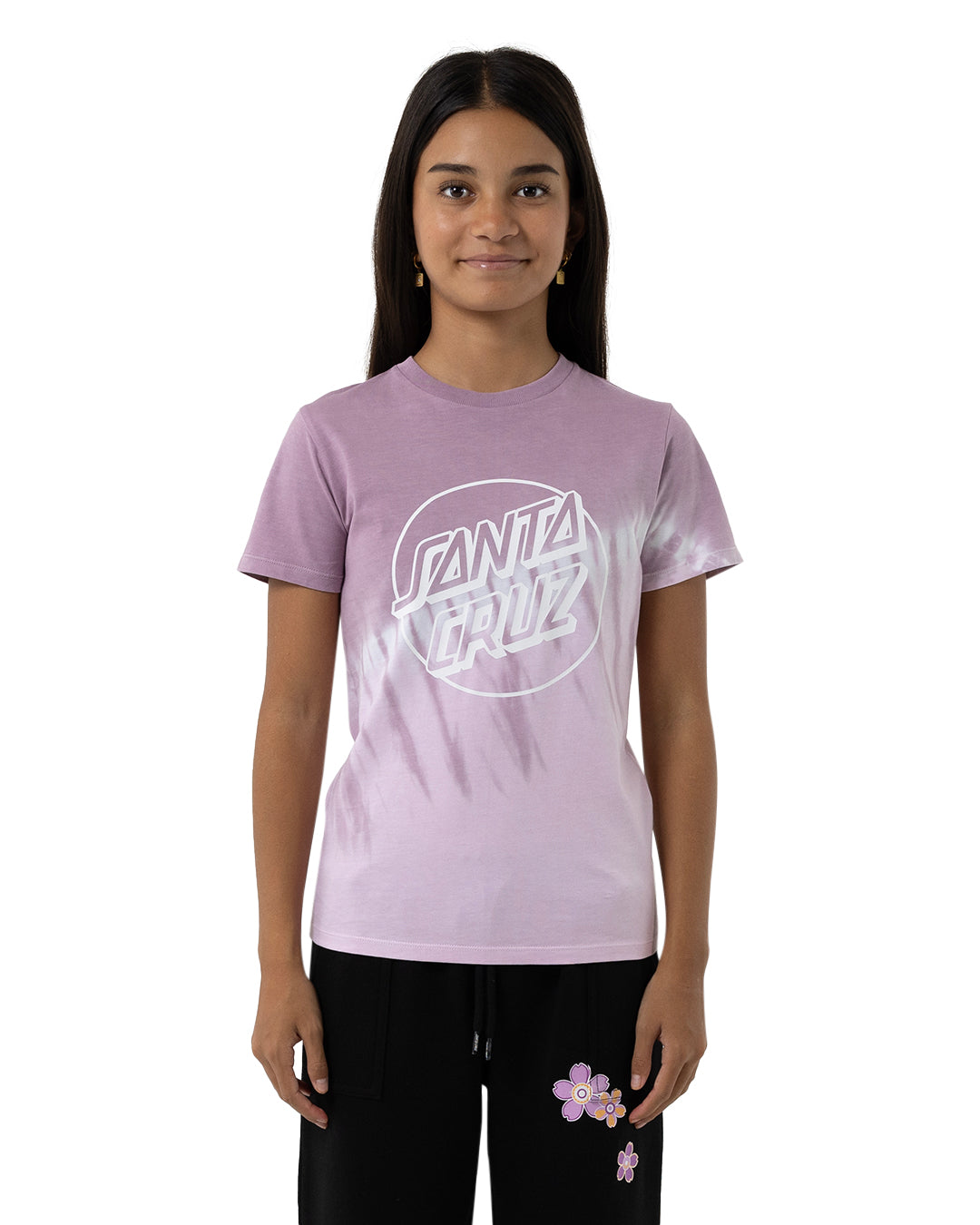 Santa Cruz Girls Opus Dot Front Tee in pink dip dye on model from front