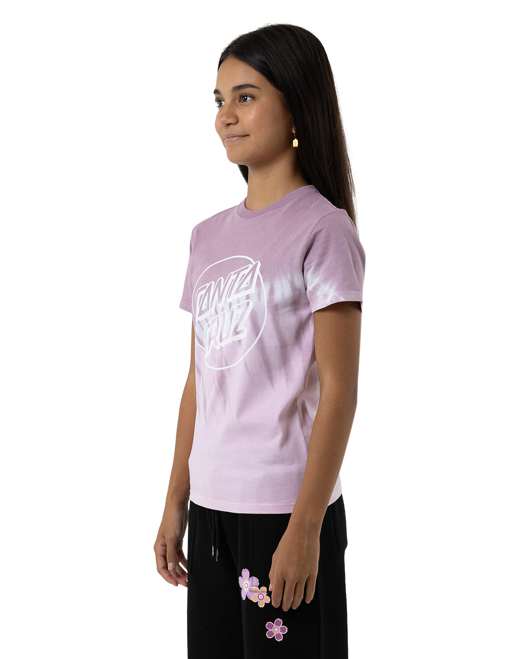Santa Cruz Girls Opus Dot Front Tee in pink dip dye on model from side