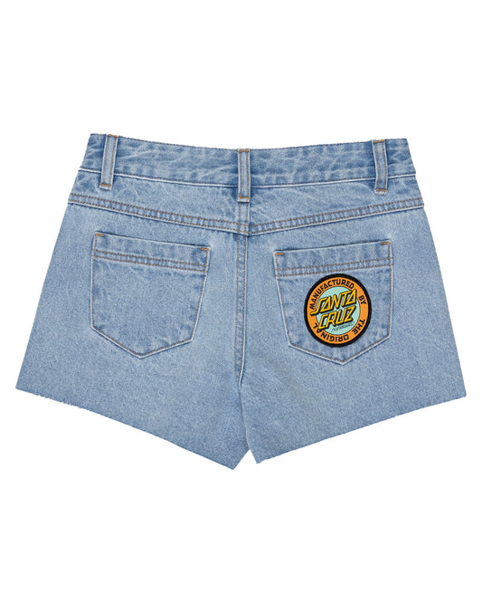 Santa Cruz Girls MFG Dot Retro Denim Shorts in light indigo from rear