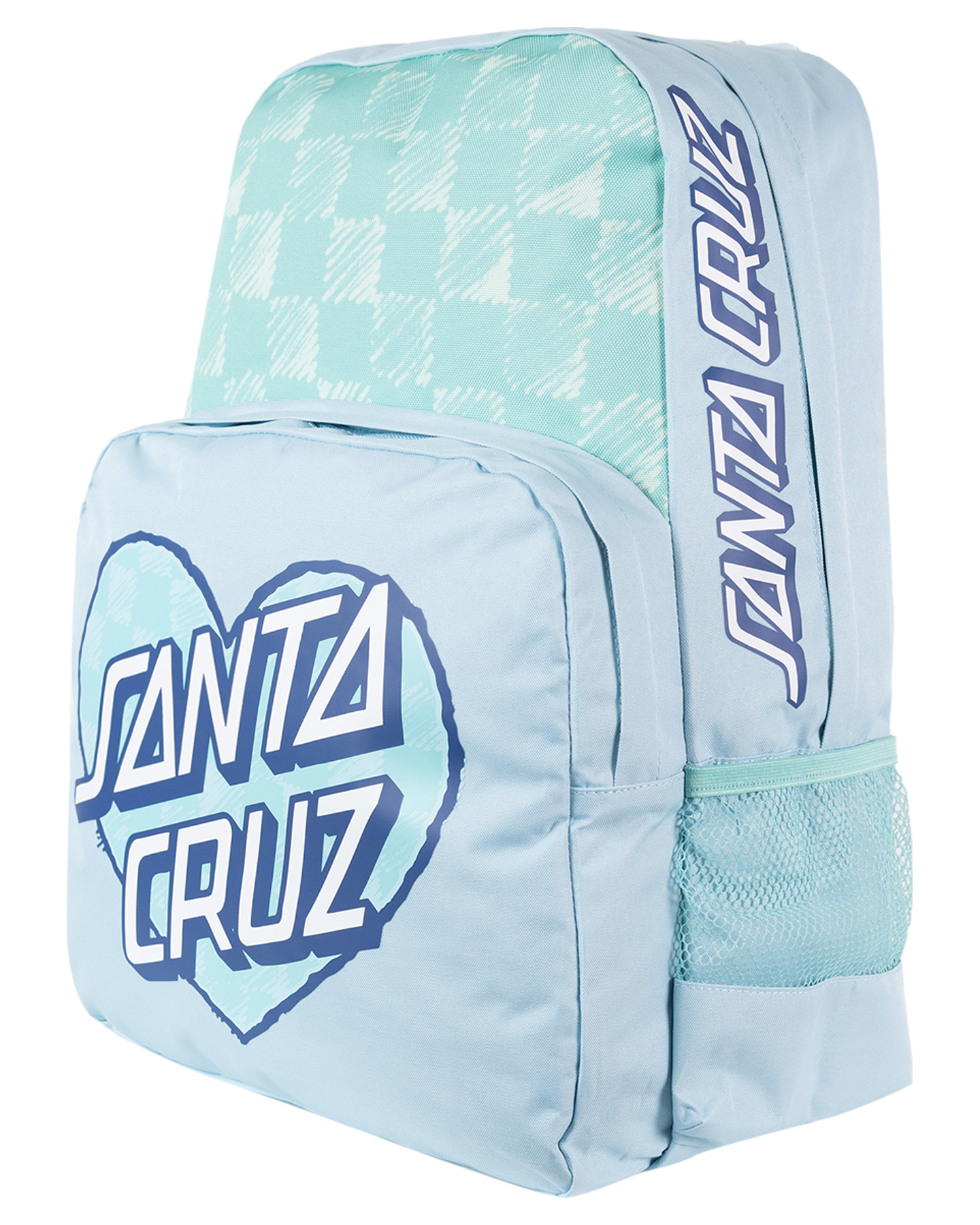 Santa Cruz Girls Checker Heart Dot Backpack in aqua check from side