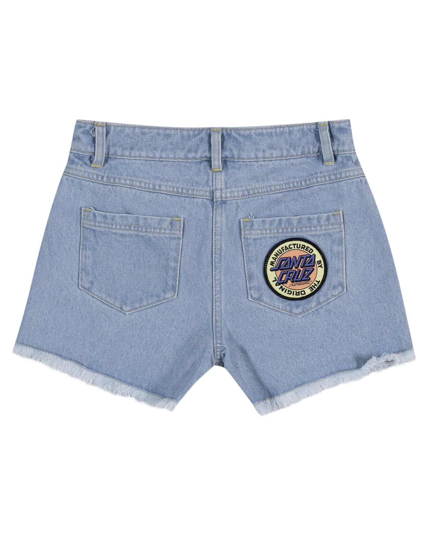 Santa Cruz Girls Retro Dot Denim Shorts  in light blue with embroidered patch from rear