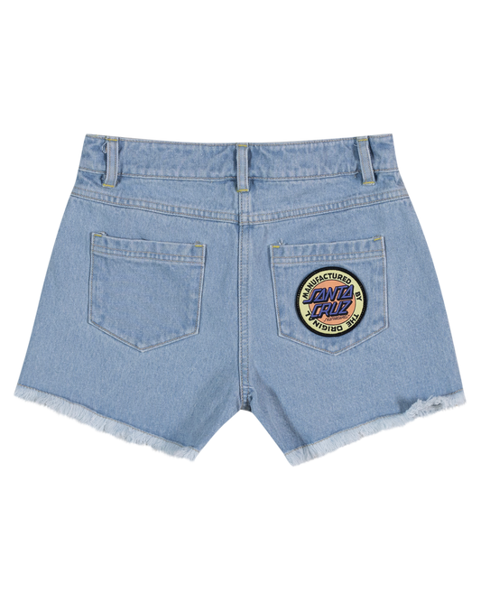 Santa Cruz Girls Retro Dot Denim Shorts  in light blue with embroidered patch from rear