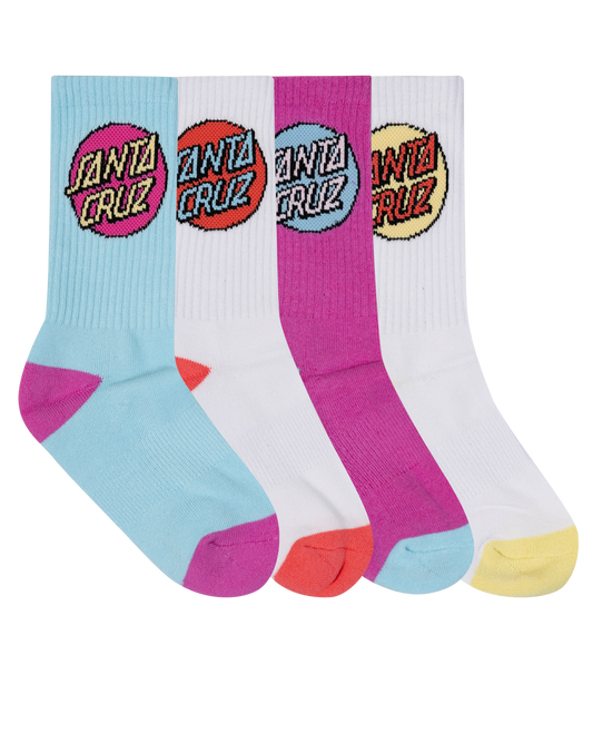 Santa Cruz Girls Other Dot Crew Sock 4 Pack in white, teal and pink showing all socks
