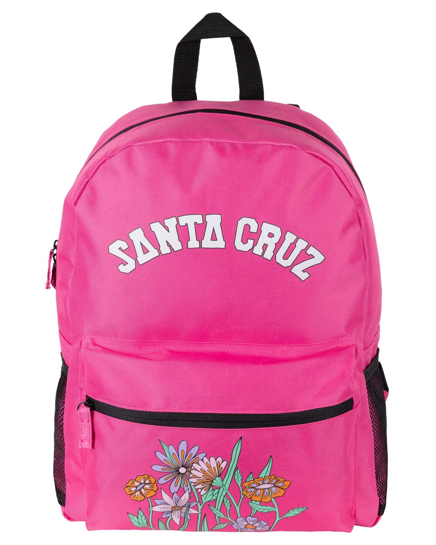 Pink backpack with 'Santa Cruz' branding and floral design on a white background