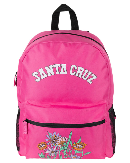Pink backpack with 'Santa Cruz' branding and floral design on a white background