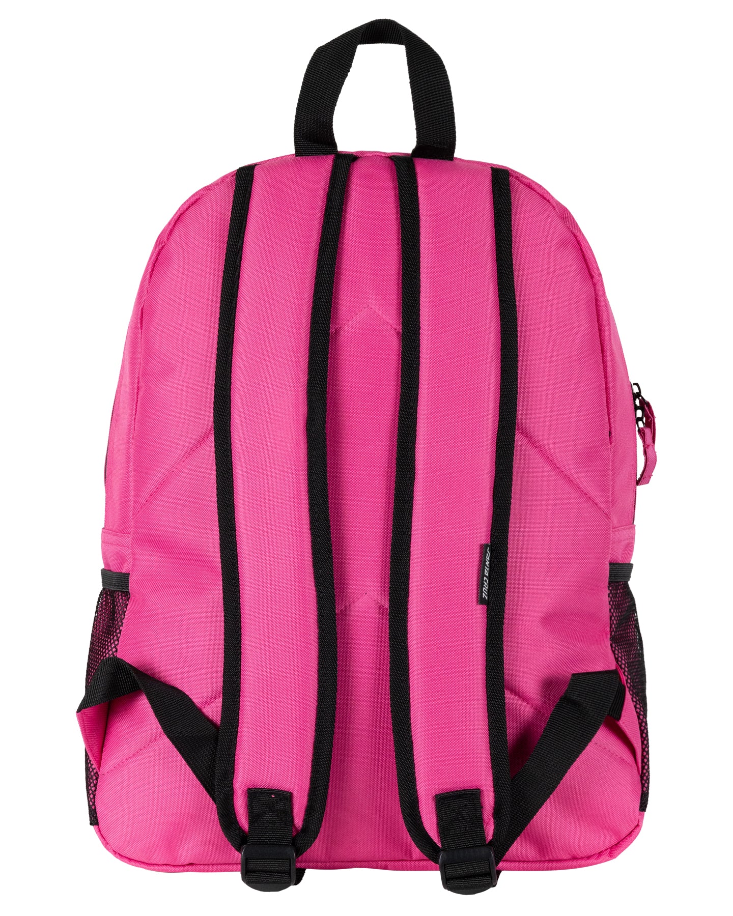 Pink backpack with black straps on a white background