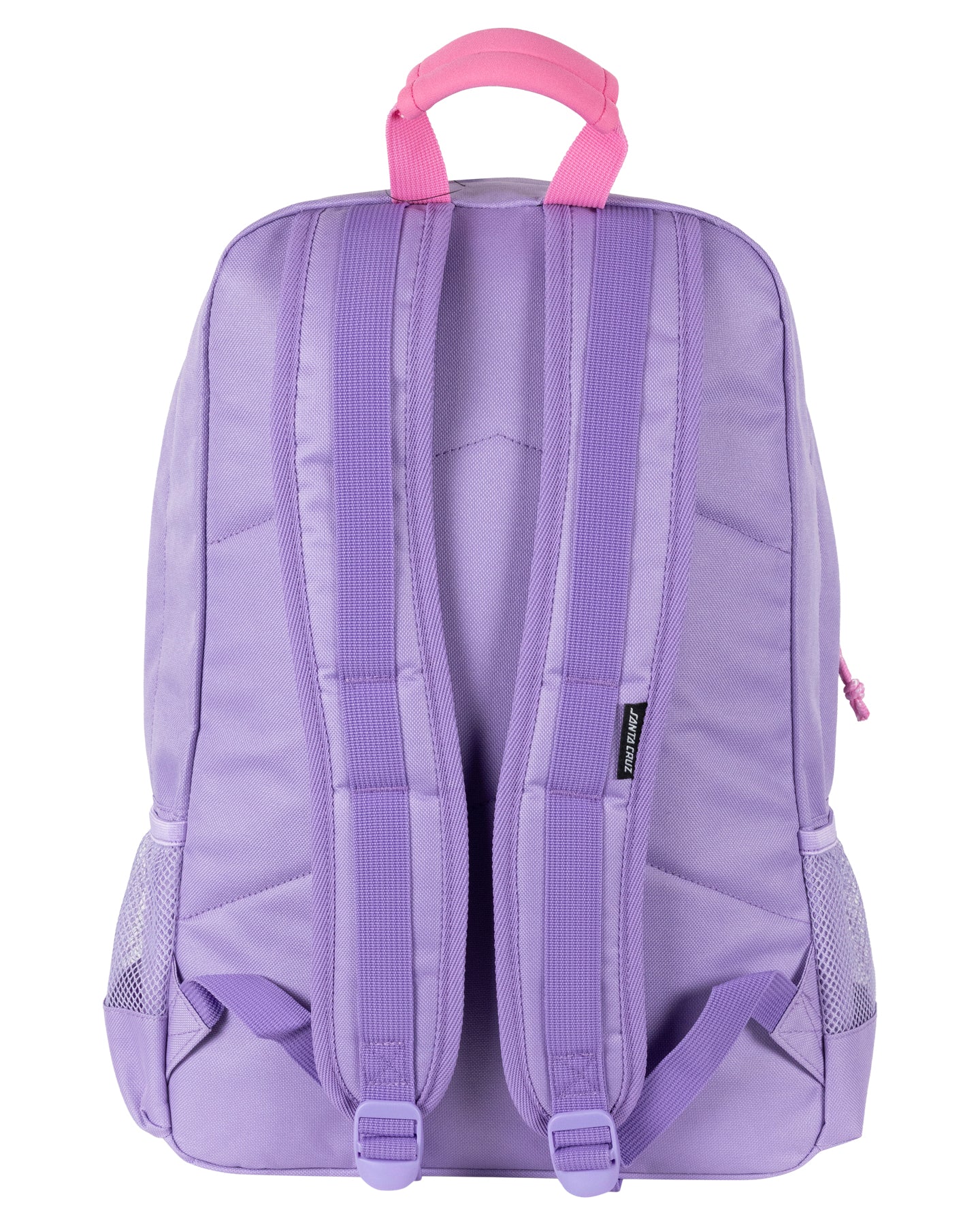 Purple backpack with pink straps on a white background