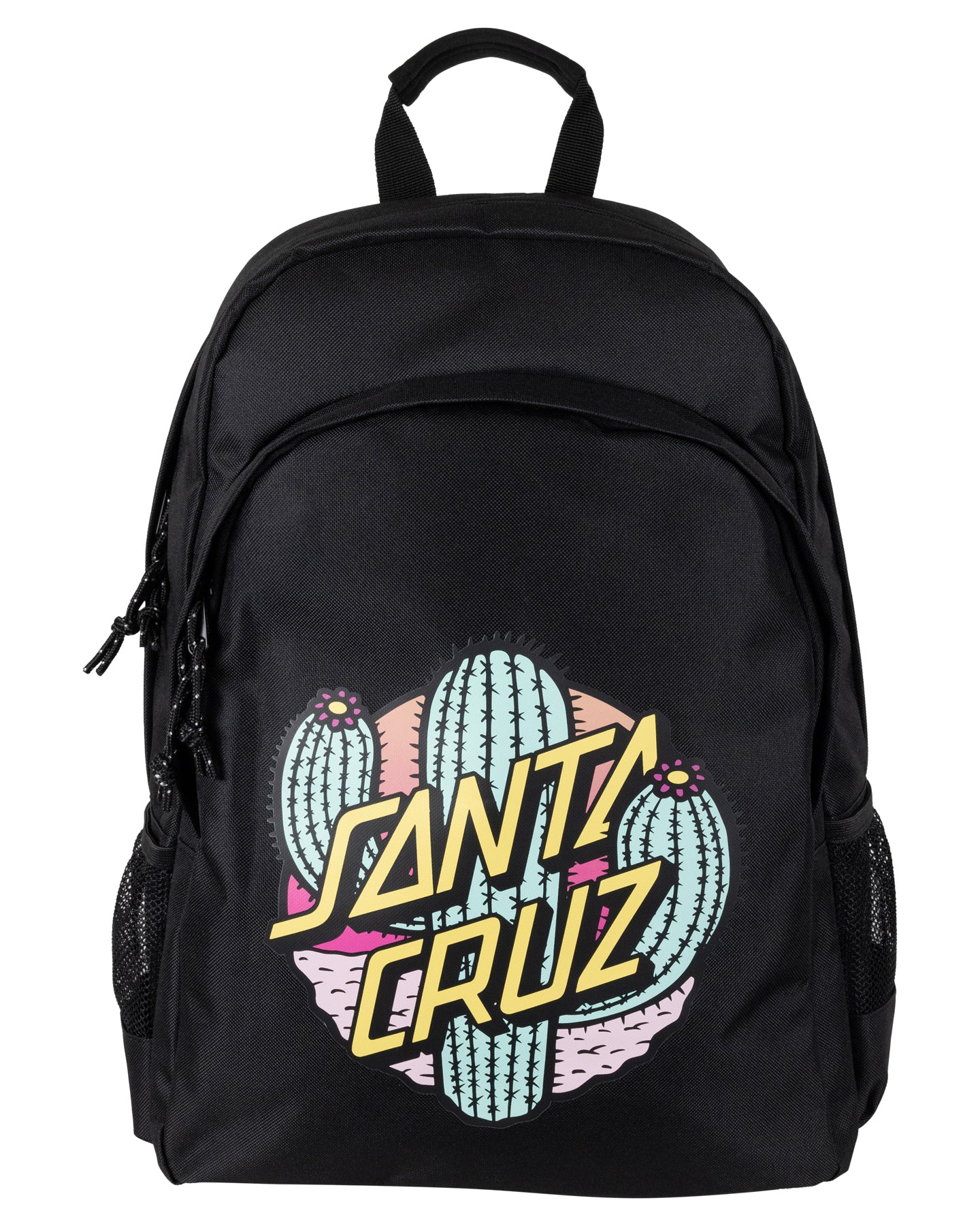 Black backpack with a colorful 'Santa Cruz' logo on a white background