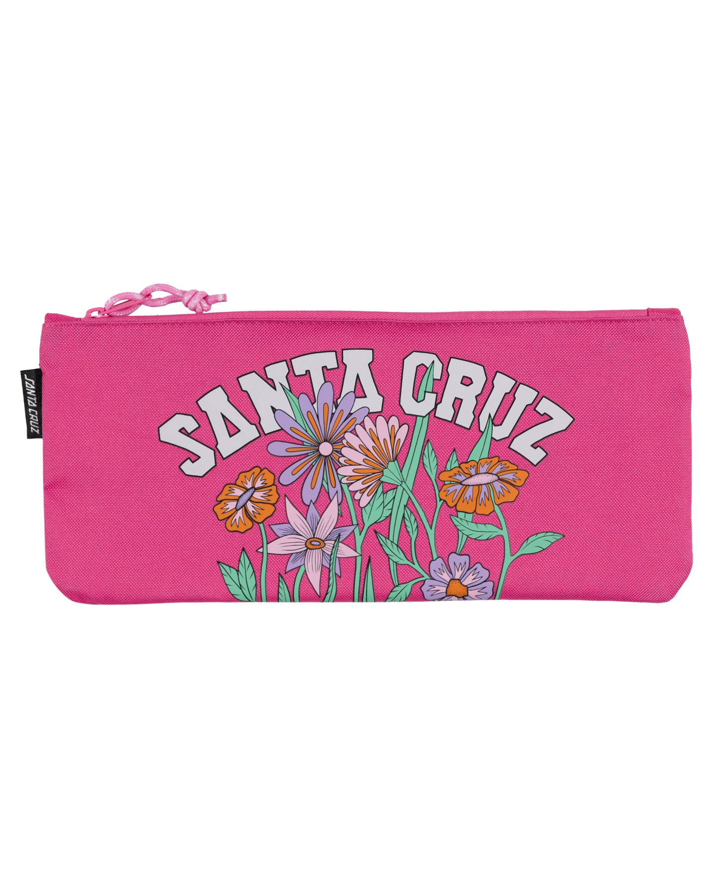 Pink pouch with floral design and 'Santa Cruz' branding on a white background